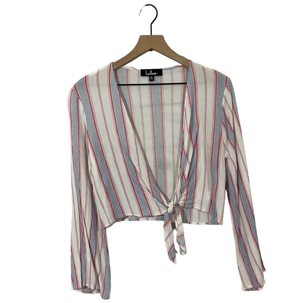 Lulus Pippi Pink Striped Tie-Front Bell Sleeve Top - Medium